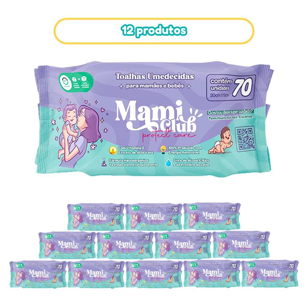 KIT 12 LENÇOS UMEDECIDOS MAMI CLUB PROTECT CARE 840 FOLHAS