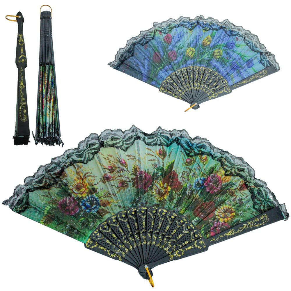 Leque de Tecido Estampado Floral Com Renda 23 cm de Mão Compacto com Detalhes