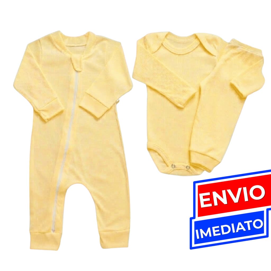 Kit 2 Conjuntos para Bebê Macacão Body e Calça Canelado 100% Algodão Rn ao 1
