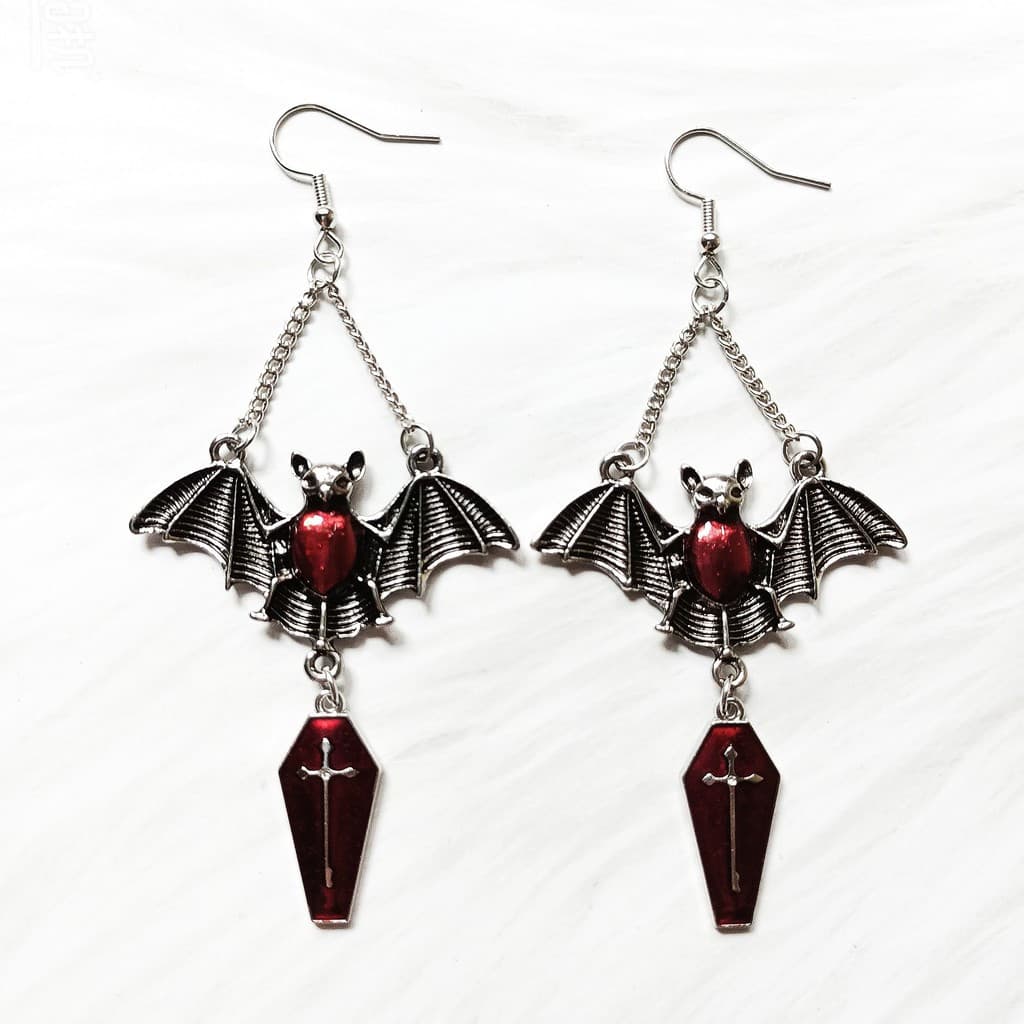 Novos brincos femininos góticos Punk morcego, brincos de café cruzados espelho mágico Halloween vermelho vampiro morcego