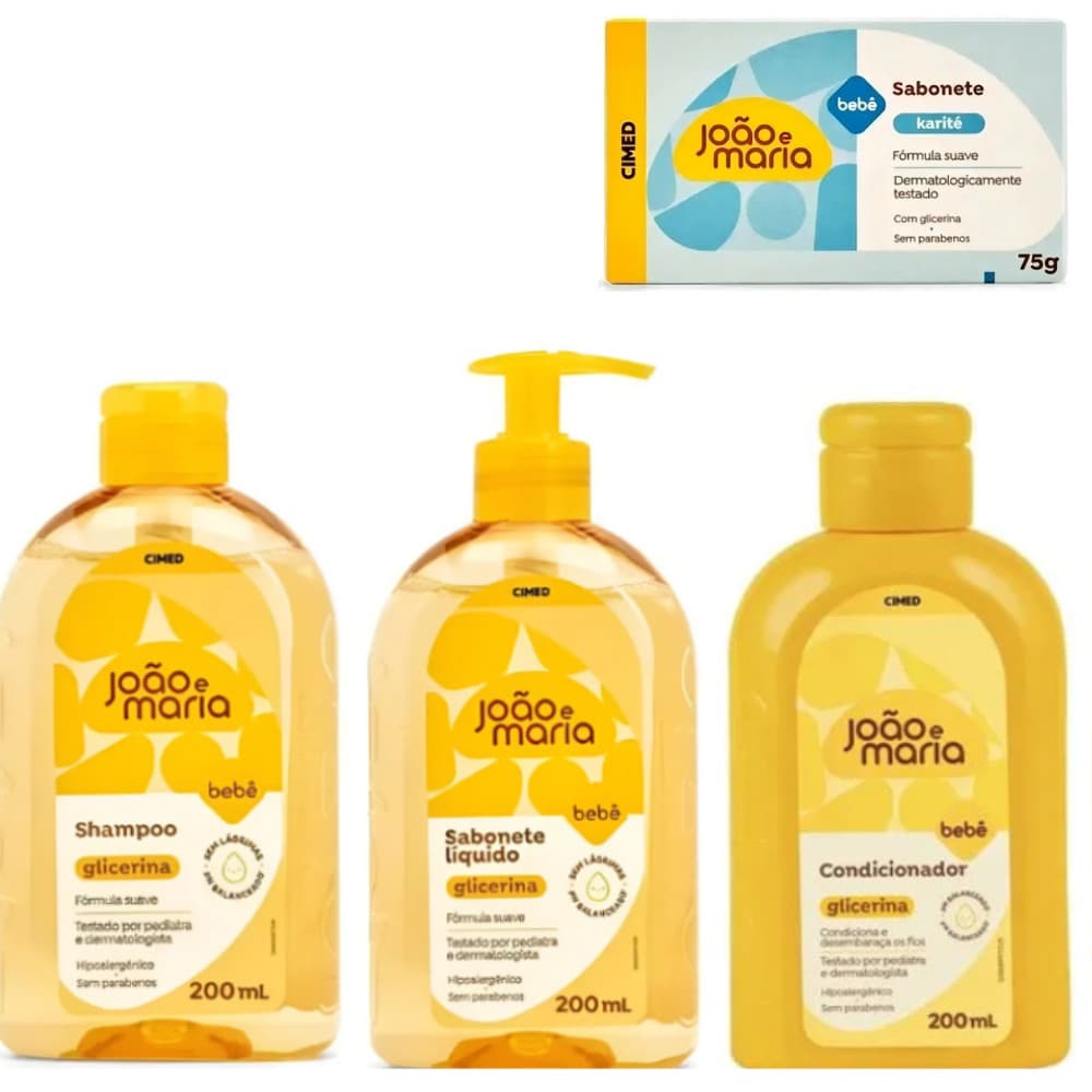 KIT C/4 ITENS JOÃO E MARIA SHAM 200ML, COND 200ML,SAB LIQ 200ML, SAB BARRA BABY CREM