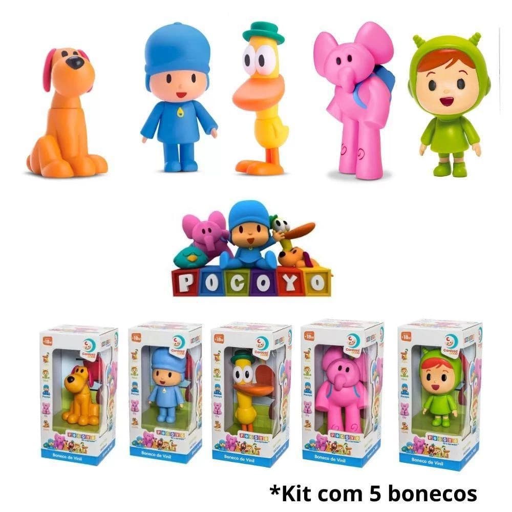 Kit 5 Bonecos Turma do Pocoyo Pocoyo Loula Nina Elly Pato Brinquedo Infantil Coleção