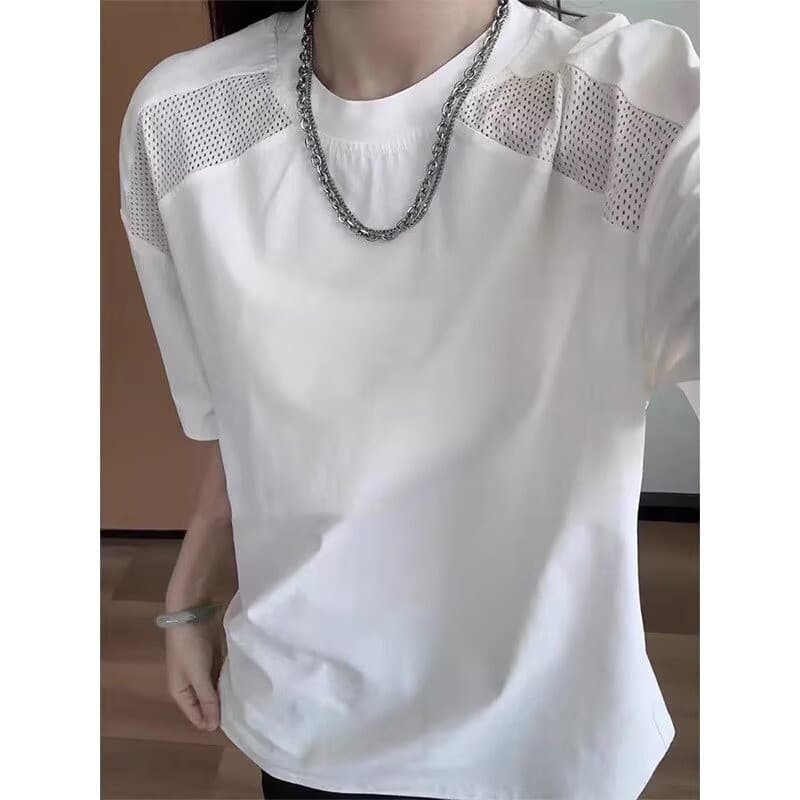 Camiseta masculina feminina com costura de malha de manga curta americana solta respirável não fofa