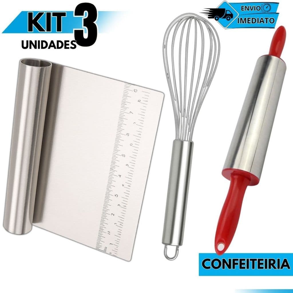 Kit Confeitaria Fouet Batedor Ovos Rolo de Massa Espátula Reta Raspadora Cozinha