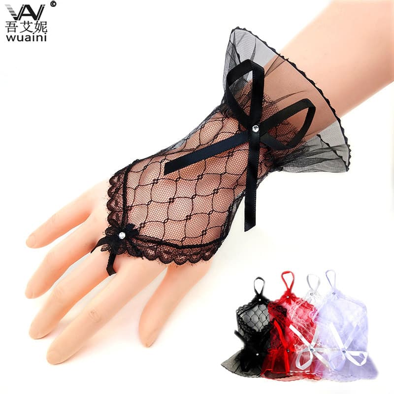 Luvas Curtas de Renda com Laço Tule Sensual Estilo Lolita Fantasia para Halloween e Festas