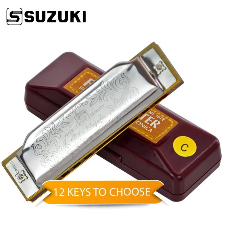 Novo 1072 Harmonic Suzuki Diatonic 1072, prata, Folk Master Harmonica, padrão de 10 buracos, para iniciantes, azul