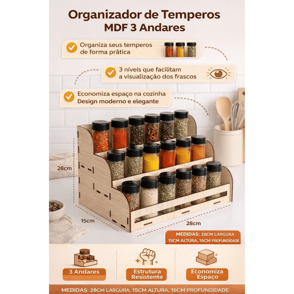 Porta Temperos Condimentos em MDF 3 Andares Organizador Temperos Suporte para Condimentos Cozinha Porta Temperos Bancada