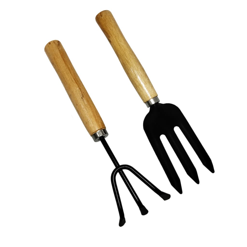 Kit Jardinagem 2 Peças Rastelo + Garfo Horta Jardim Garfo e Rastelo Madeira e Metal