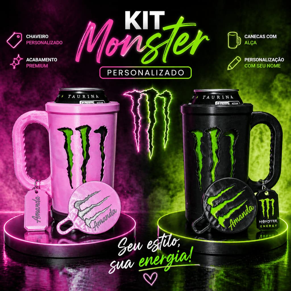 Kit/Suporte Porta Latas Monster 473ml - 3 em 1 - Com Tampa + Abridor Com Seu Nome - Presente - Aniversário