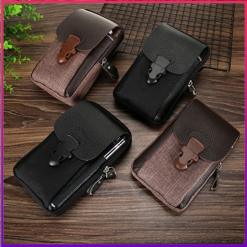 Novo Saco Do Telefone Móvel Masculino Pu Duplo Zíper Bolsa De Cintura Masculina Ao Ar Livre