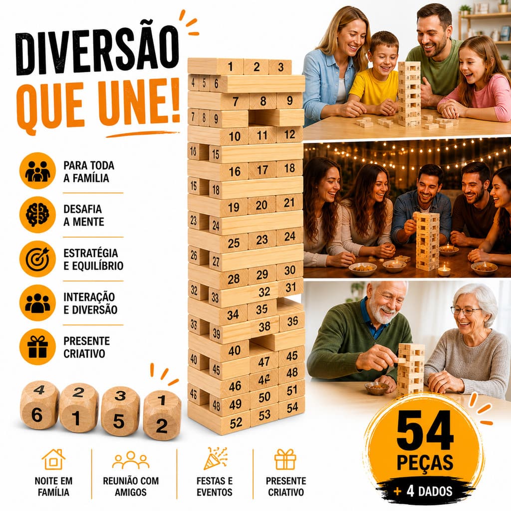Jogo Caiu Perdeu Torre de Madeira 54 Peças Pais e Filhos Educativo