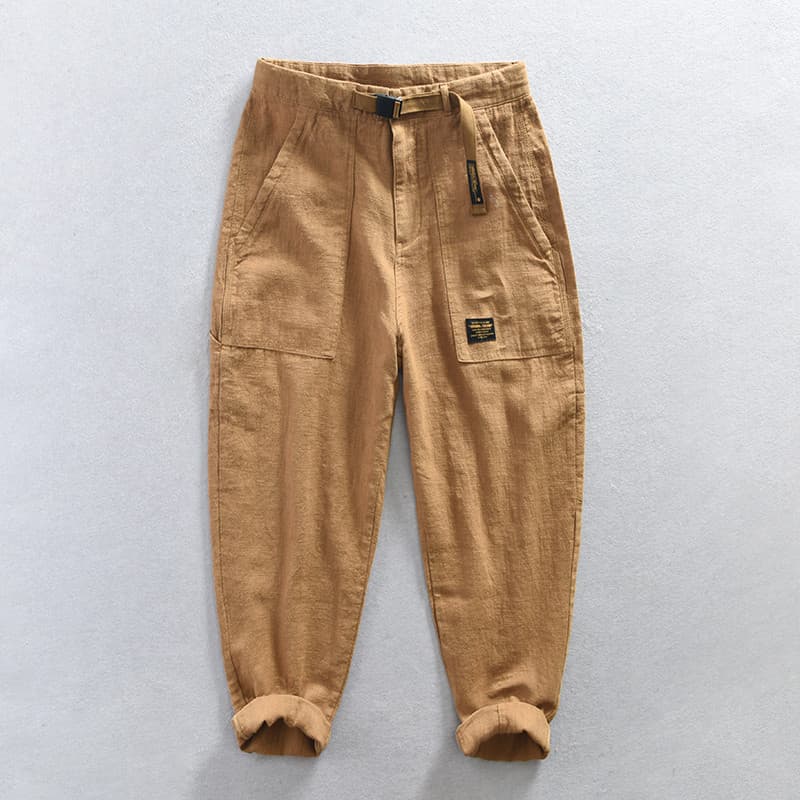 Calças casuais masculinas cor caramelo verão solto algodão linho estilo chinês estilo fino macacão de verão calças Ramie