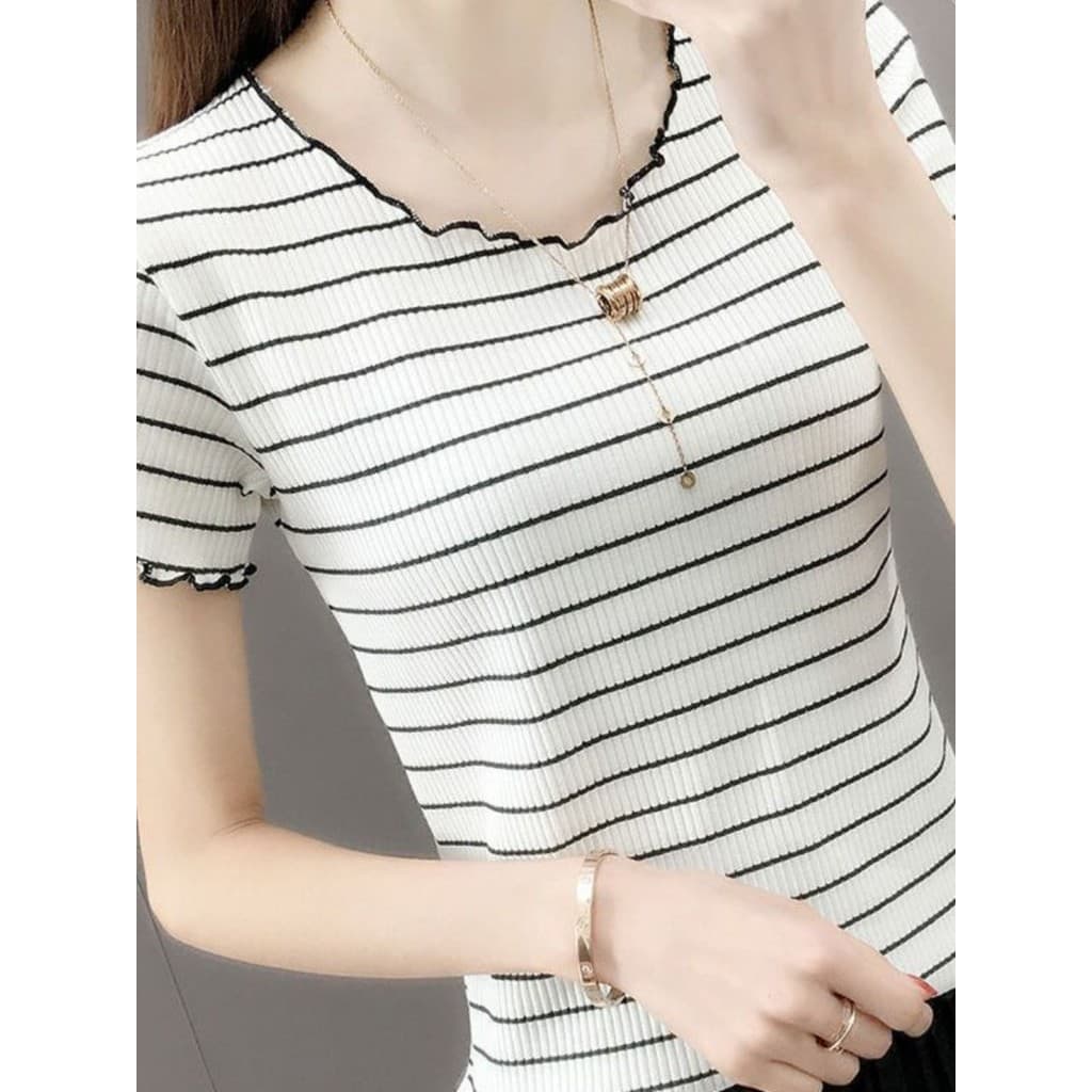 Estilo ocidental gelo seda malha de manga curta camiseta feminina listrado estilo fino novo estilo verão fundo interno t