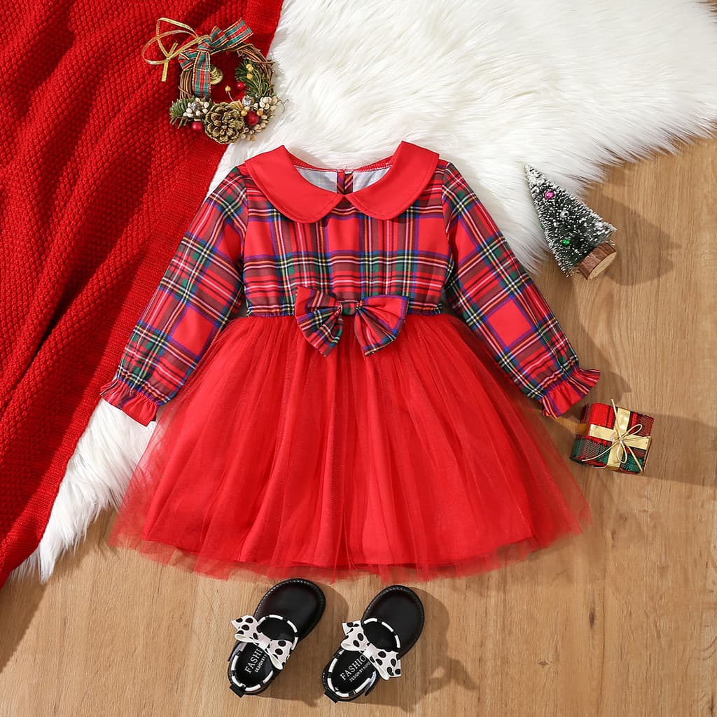 Europeu americano natal roupas infantis 2024 outono novo estilo meninas verificado manga comprida boneca colarinho gaze