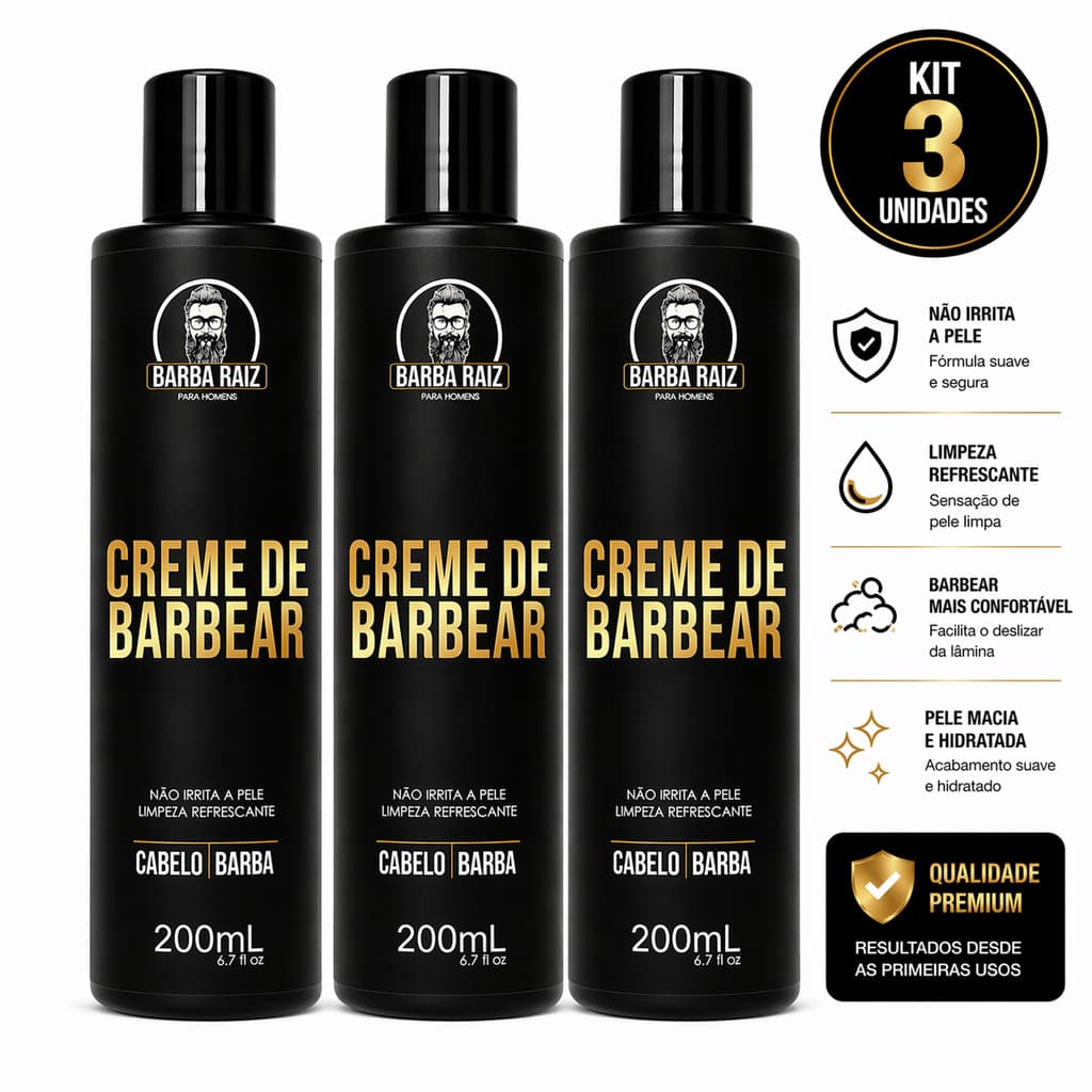 Kit 3 Cremes de Barbear Barba Raiz 200ml Barbear Suave Sem Irritação