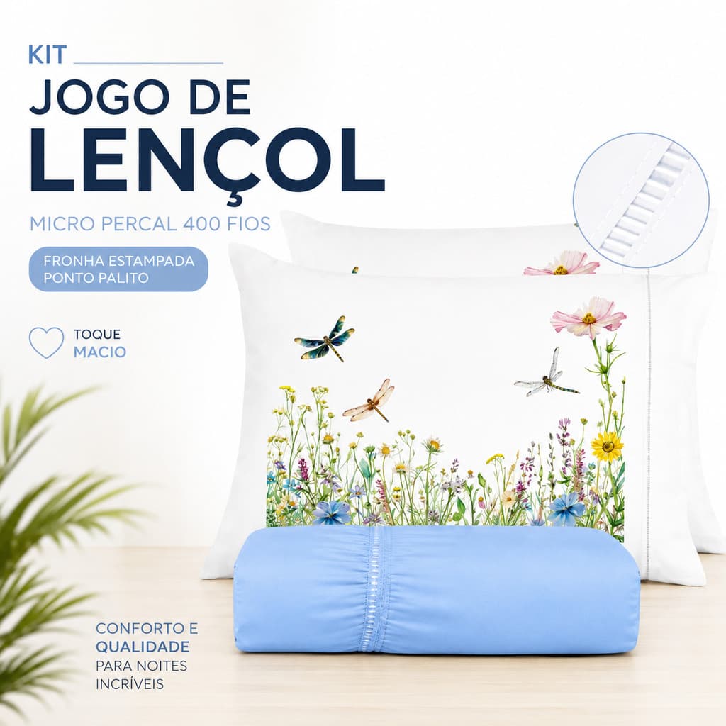 Kit Jogo De Lençol Micropercal 400 Fios Fronha Estampada Ponto Palito - Libélula Lançamento