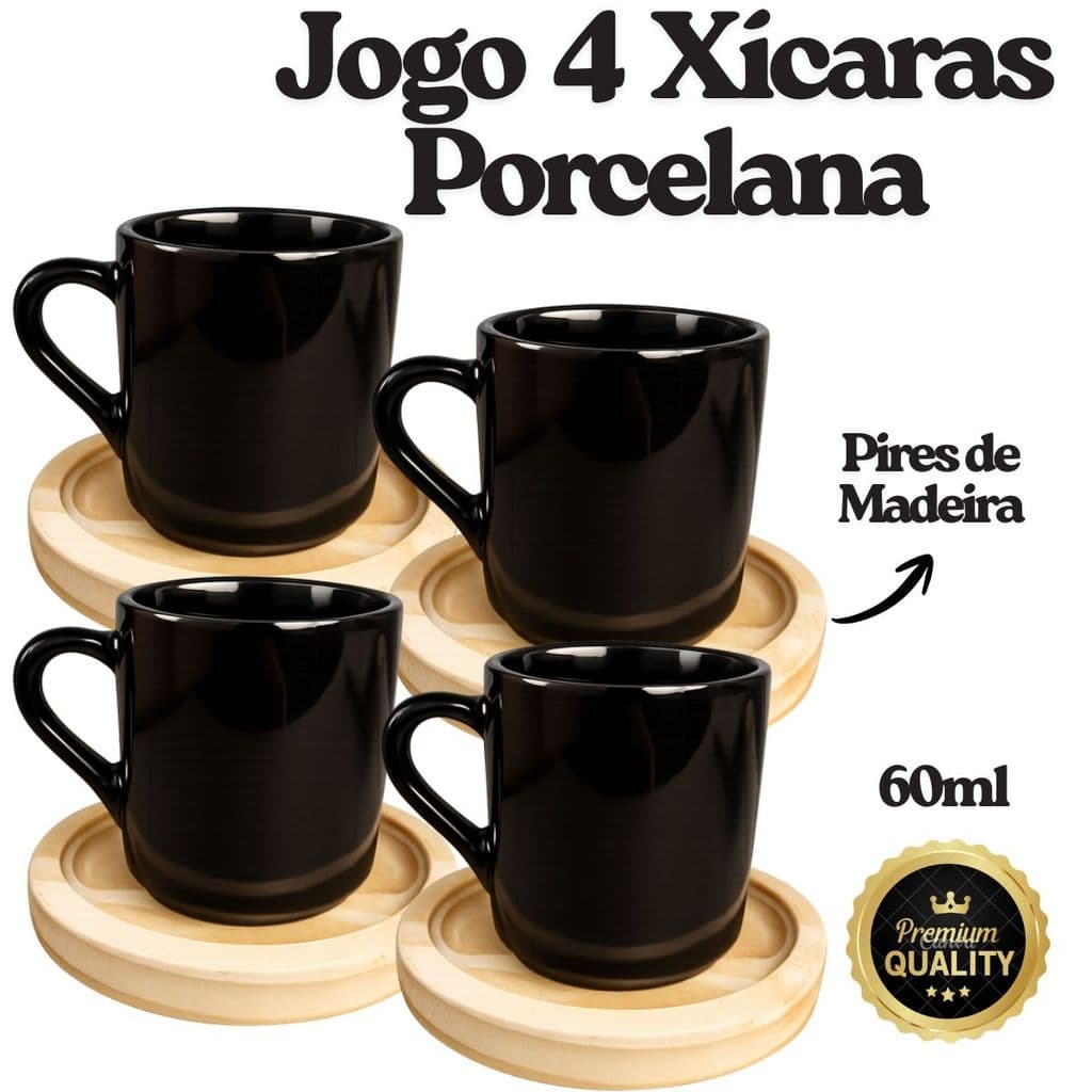 Jogo xícaras porcelana premium 8pçs pires madeira caneca preta ml café mesa cozinha bonita qualidade