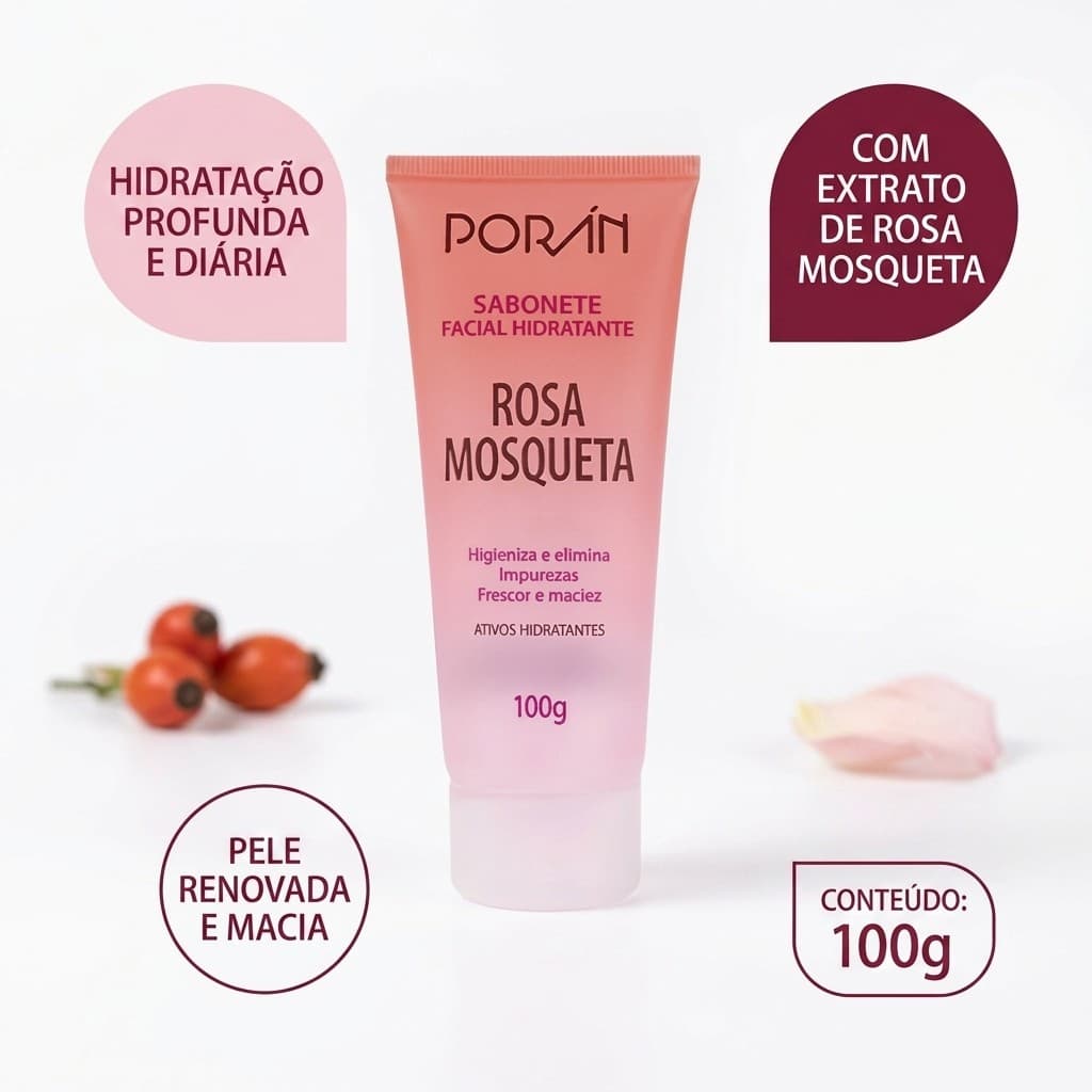 Sabonete Facial Poran Rosa Mosqueta 100g Limpeza Não Agressiva Hidratação Para Rotina Facial Diária