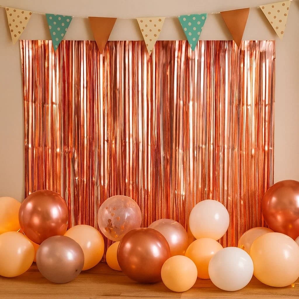 Cortina Metalizada Rose Gold Fitas Painel Fundo Foto Festa Aniversario Evento Brilho Decoracao