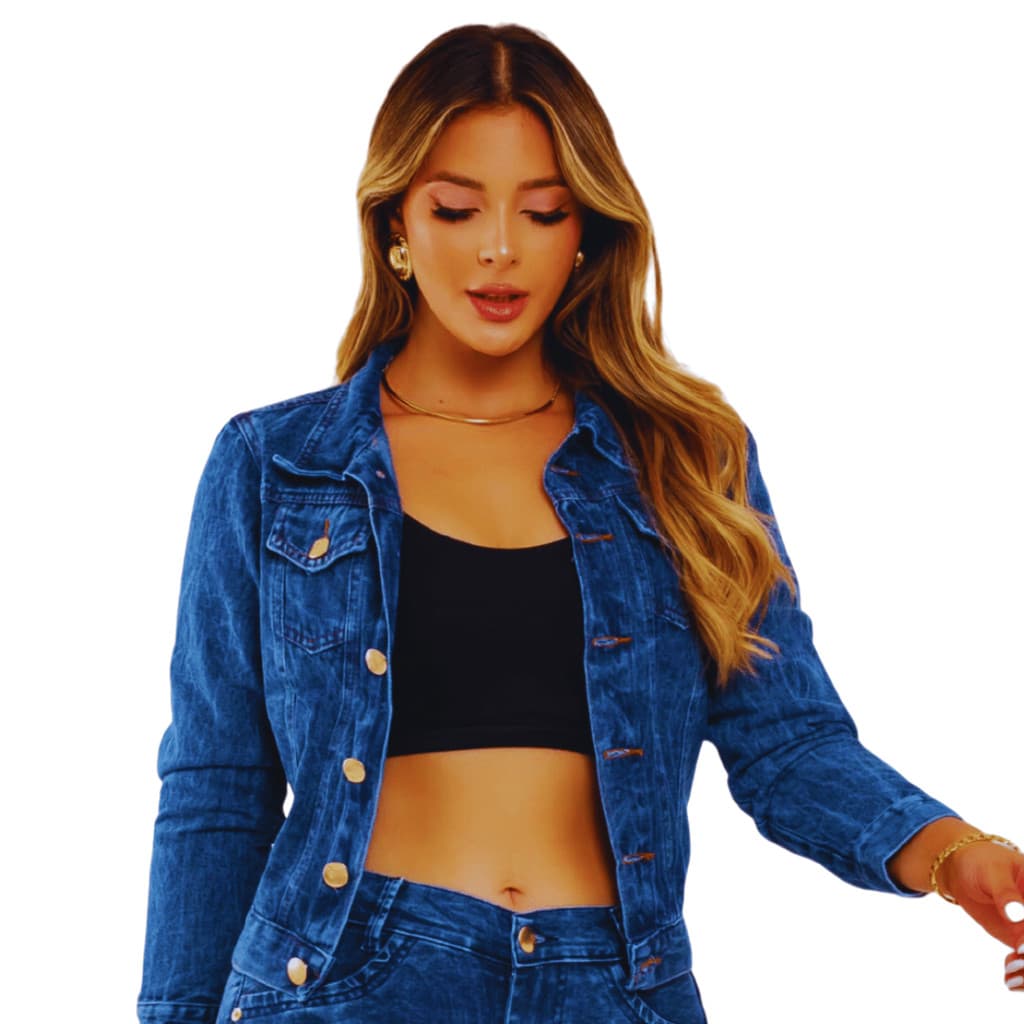 Jaqueta Jeans Feminina Marmorizada Botões Frontais Edna Moda Íntima e Acessórios