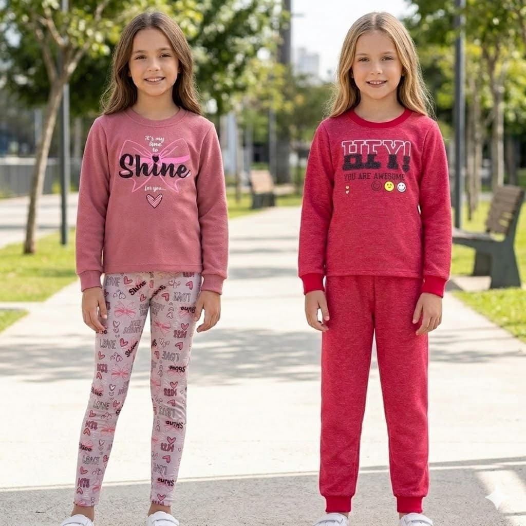 kit 4 peças Moletom Infantil Menina Conjunto Flanelado e Quentinho 04-14 Estampas Sortidas