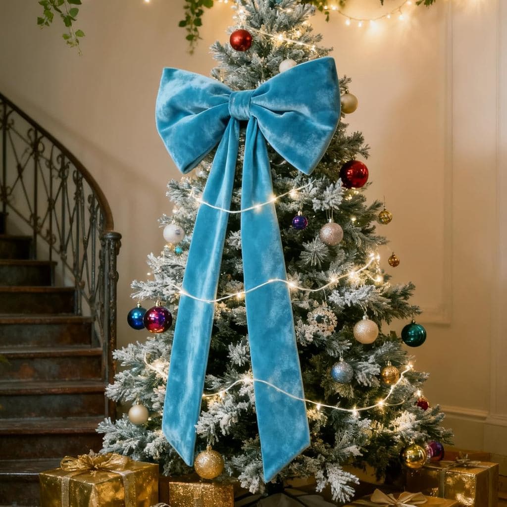 Laço de Veludo Azul Extra Grande para Decoração de Árvore de Natal, Laço Gigante de Veludo Azul de 16x33 polegadas para