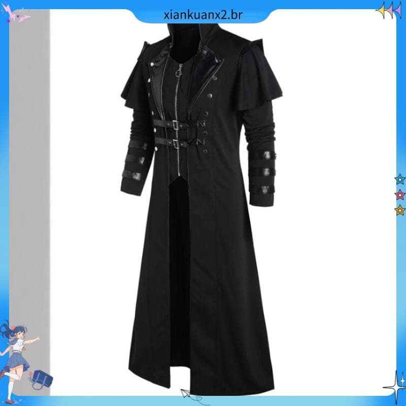 Casaco De Couro Vintage Halloween Medieval Steampunk Assassin Elf Pirata Fantasia Adulto Homens Preto Jaqueta Longa
