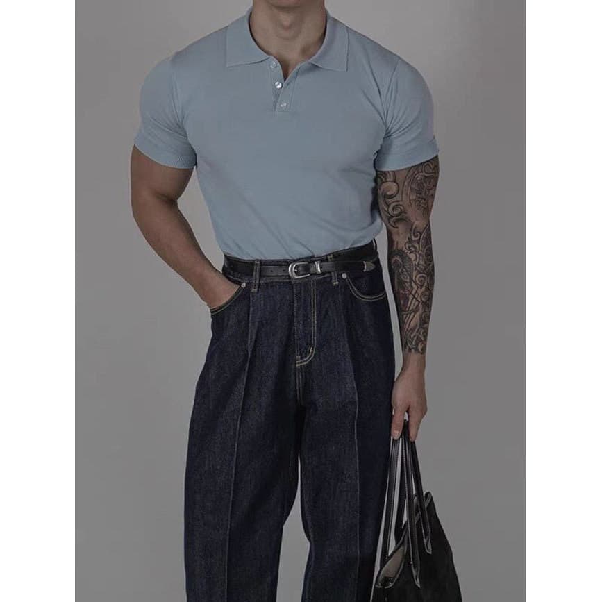 Europeu bens europeus camisa polo de algodão de seda gelo muscular masculino fino ajuste manga apertada manga curta lega