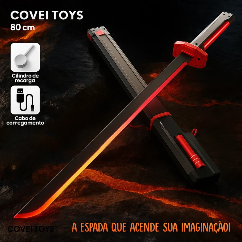 Espada Samurai Grande 80Cm/45cm Katana Com Led RGB Faisca e Fumaça Sabre de Luz Iluminado Covei Toys