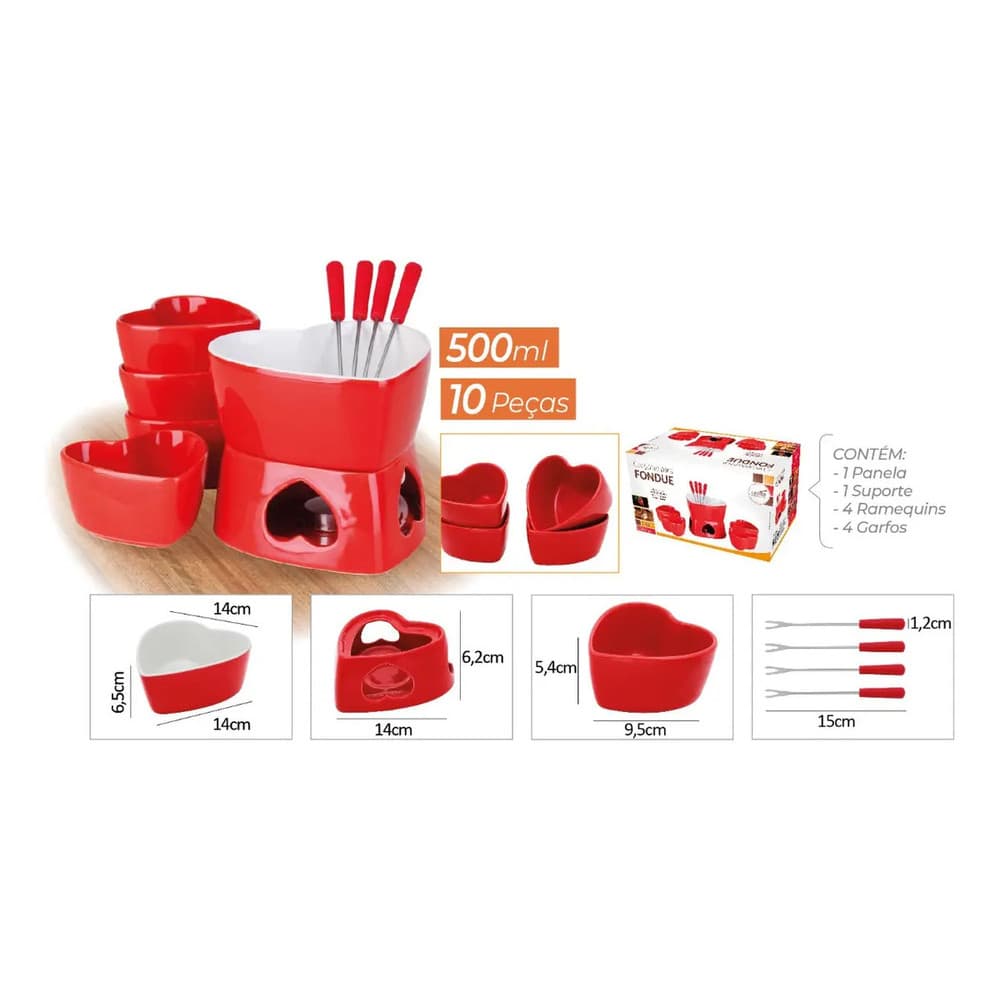 CONJUNTO PARA FONDUE 10 PECAS PANELA EM CERAMICA 500ML - VERMELHO ROMANTICA