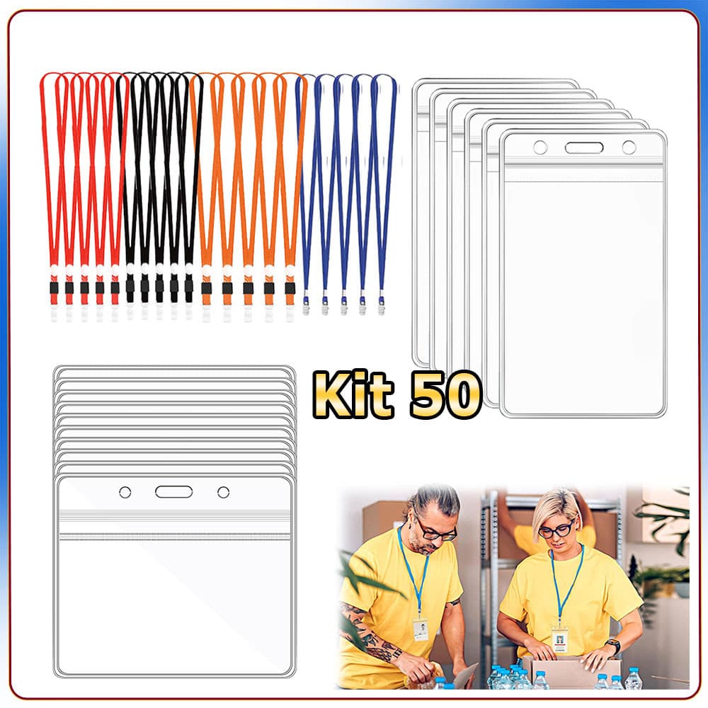 Kit 50 Crachás de plástico transparente porta-cartões de identificação porta-crachás à prova d'água com cordões