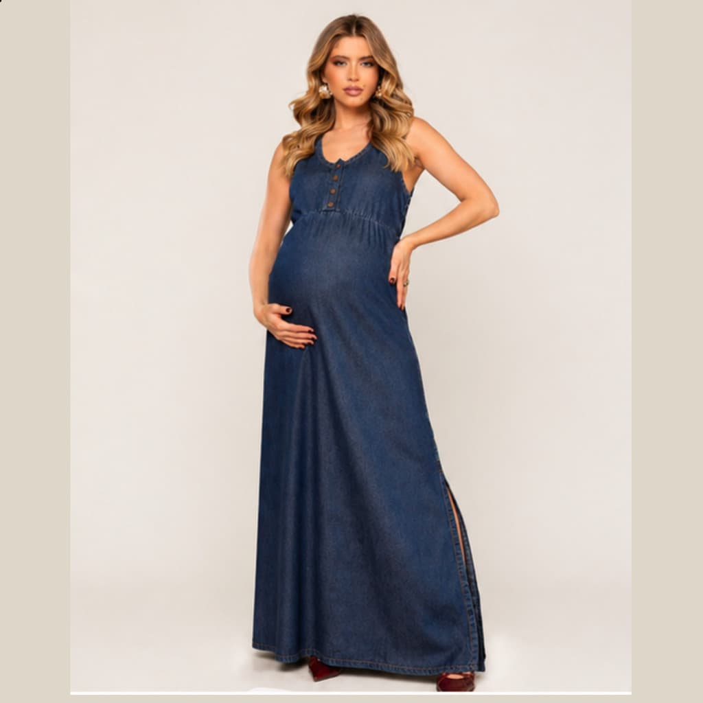 Vestido Longo Jeans Gestante Amamentação Elegante Maternidade Cós Anatômico