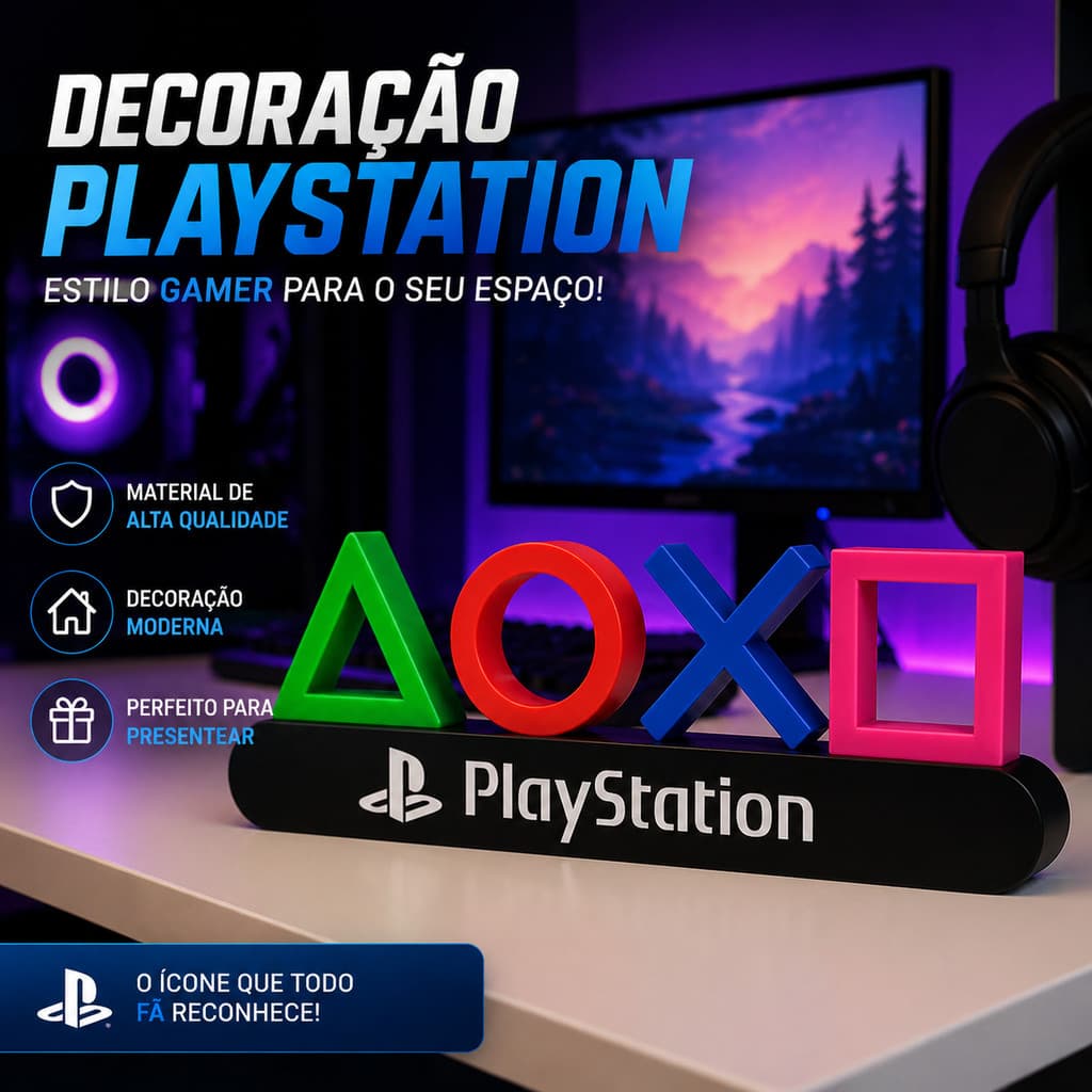 Letreiro Gamer PlayStation Decorativo | Placa Geek PS5 para Decoração de Game Room