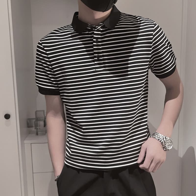 Verão listrado camisa POLO de manga curta masculina Street Wear versão coreana magro-ajuste bonito meia manga camiseta n