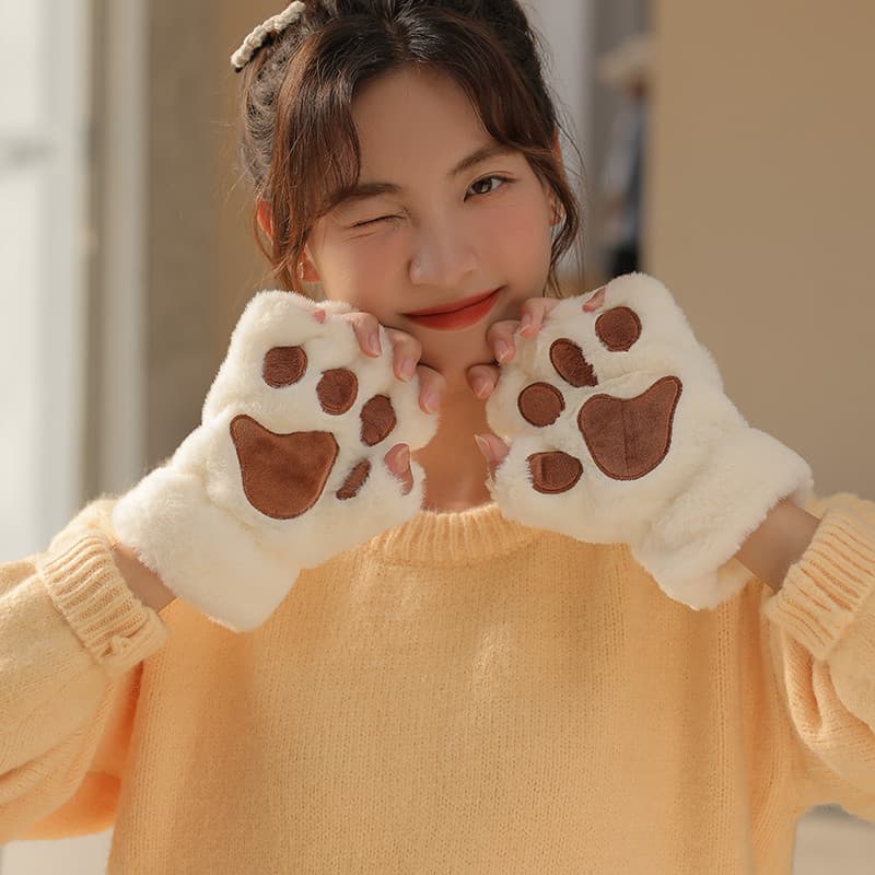Pata de gato meio dedo urso pata luvas feminino inverno ins sem dedos bonito estudante velo algodão quente à prova de fr