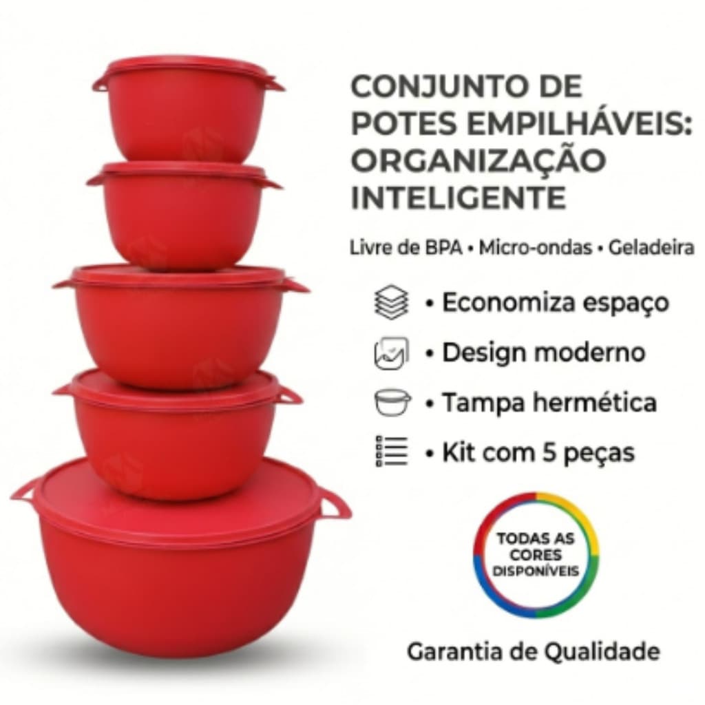 Kit 5 Potes Plásticos BPA Free Herméticos com Tampa Bowl Freezer Micro-ondas