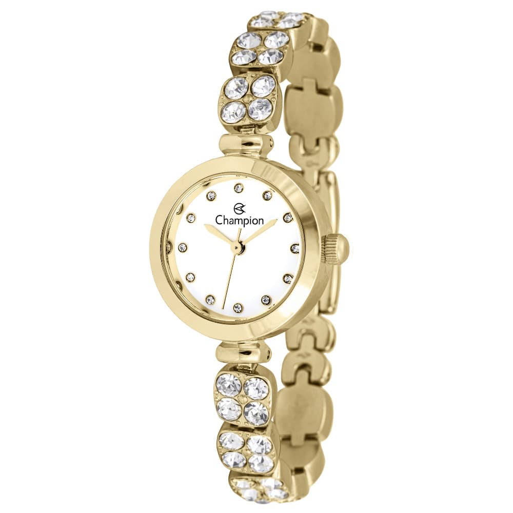 Relógio Feminino Champion Pequeno Dourado Luxo com Pedras Brilhantes CF25090H