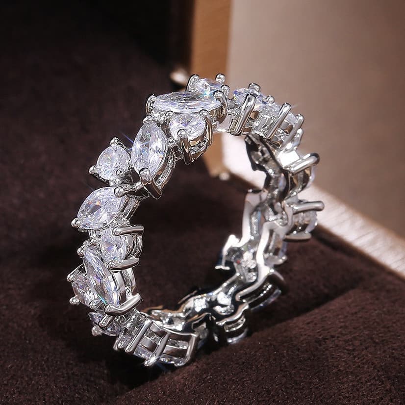 925 prata esterlina romântico anel de casamento noiva brilhante azeitona apontou redondo cristal zircão anel Irregular