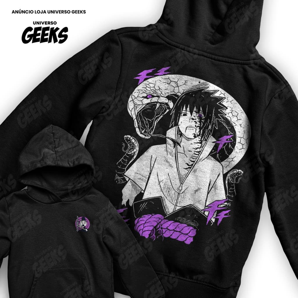 Moletom Naruto Sasuke Uchiha Cobra E Marca Amaldiçoada Frente E Verso Blusa De Frio