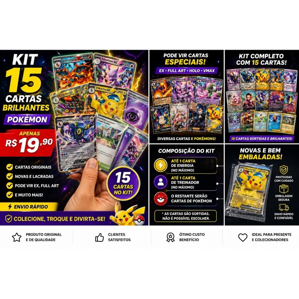 15 Cartas Pokémon Brilhantes Sortidas + Chance de Cartas Raras EX/Full Art