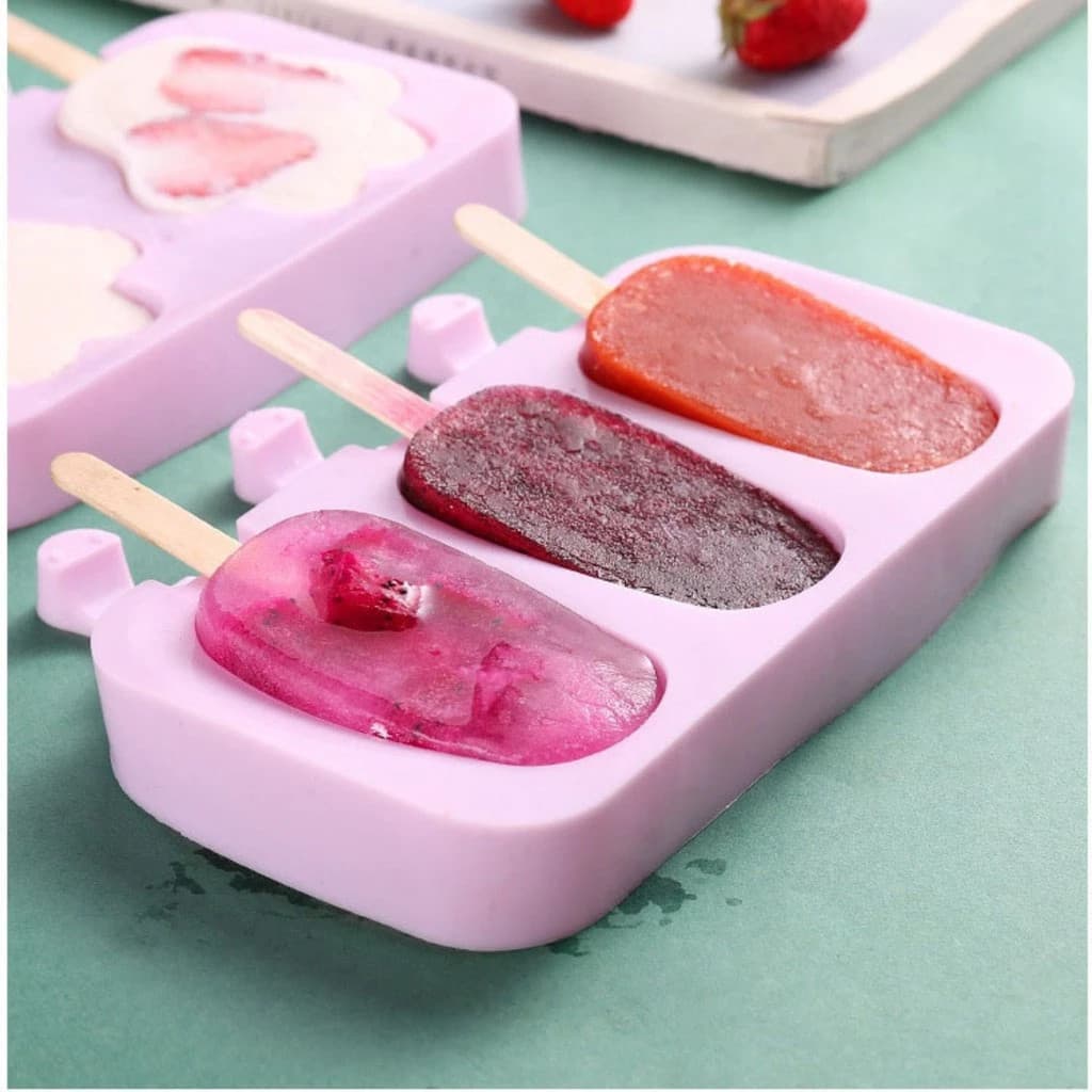 Forma Sorvete Silicone Para Picolé C/ 50 Palitos Com Tampa / Sobremesa 3 Cavidades Geladinho