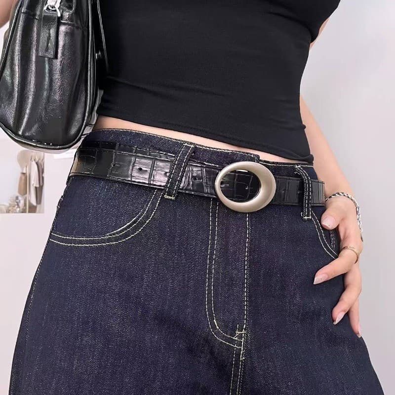 Cintos De Couro Vermelho Y2k Vintage Para Mulheres , Fivela Oval De Metal Simples , Uso Diário , Acessórios Jeans