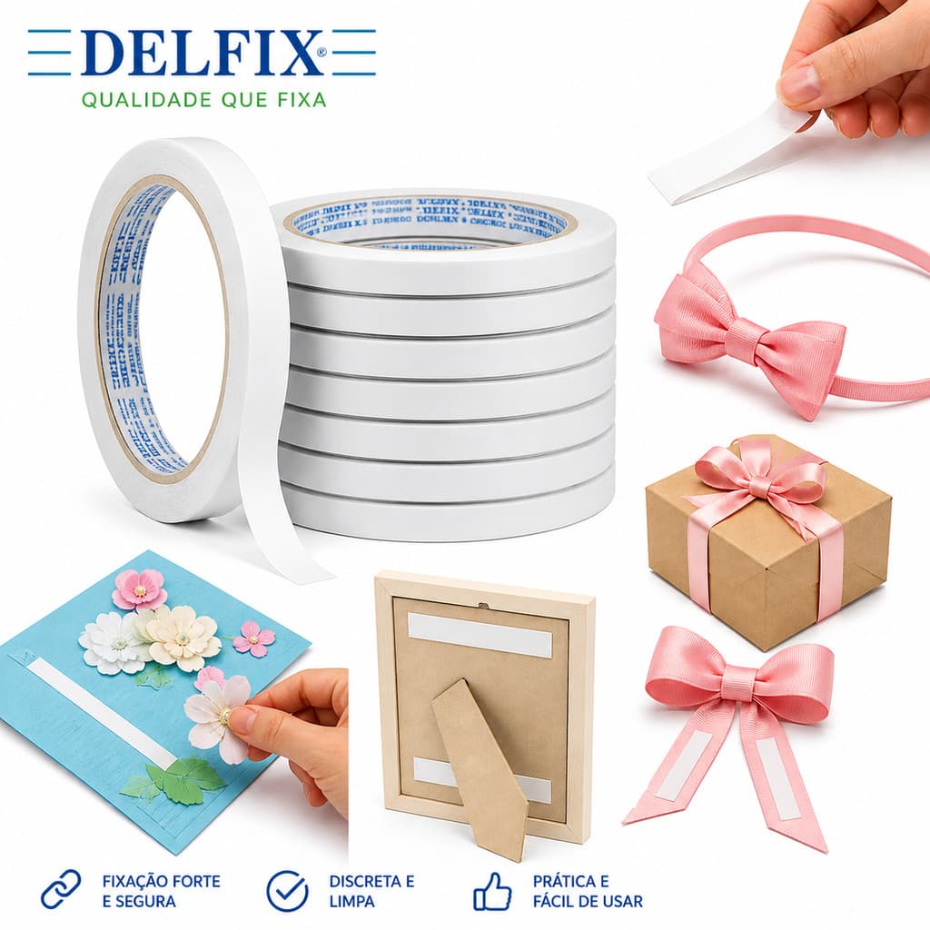 Fita Dupla Face 9mm x 30m Delfix Papel Tissue Alta Fixação Uso Profissional Artesanato Escritório