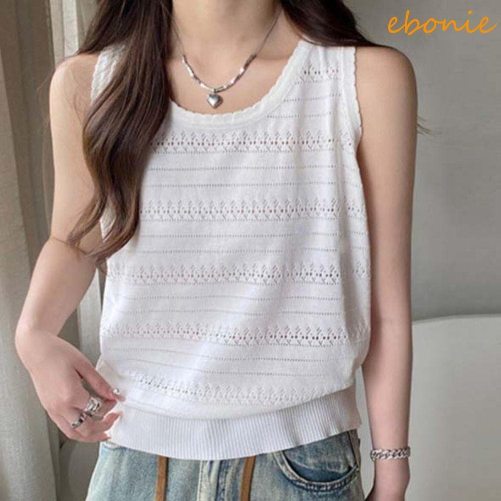 EBONIE Top Feminino Sem Mangas De Crochê , Gola Redonda , Camisola De Malha Vazada , Ins