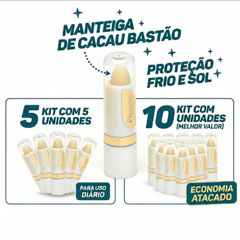 Kit 5/10 Unidades Atacado Protetor Labial Manteiga de Cacau Pharma - Hidratação e Proteção Diária