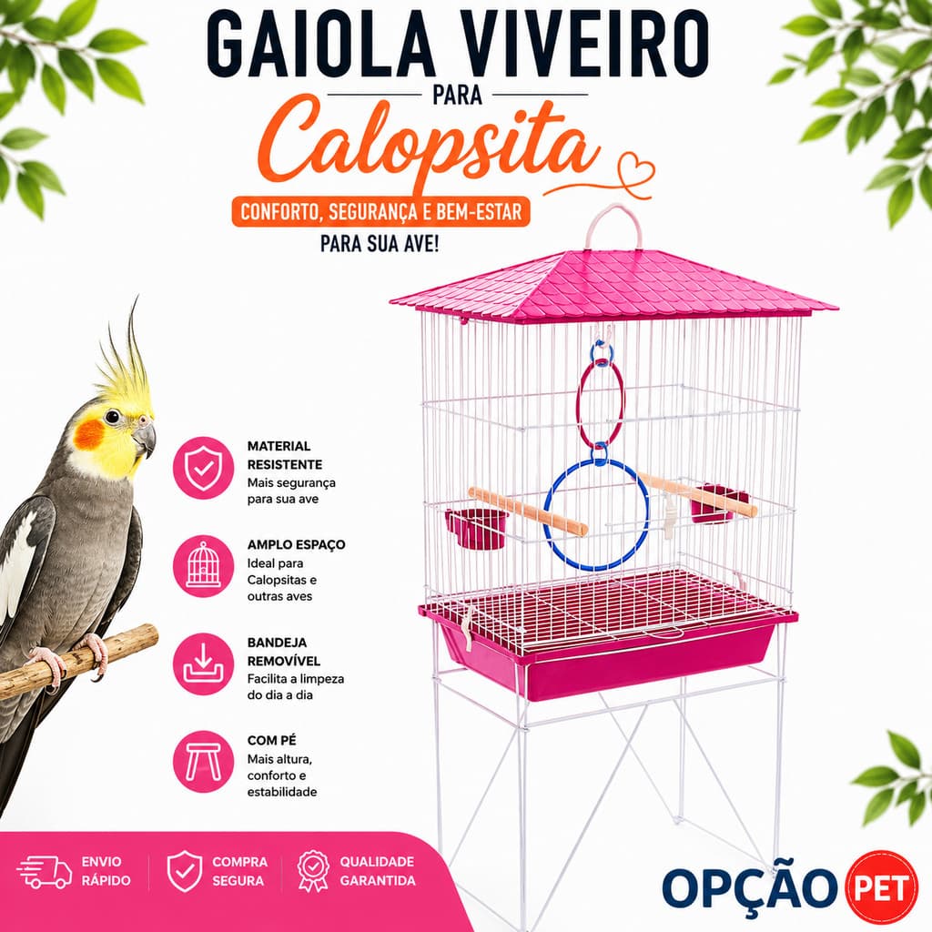 Gaiola Viveiro para calopsita + ACESSÓRIO UM JOGO DE ARGOLA COLORIDA mansa teto plástico na cor ROSA - OPÇÃO PET