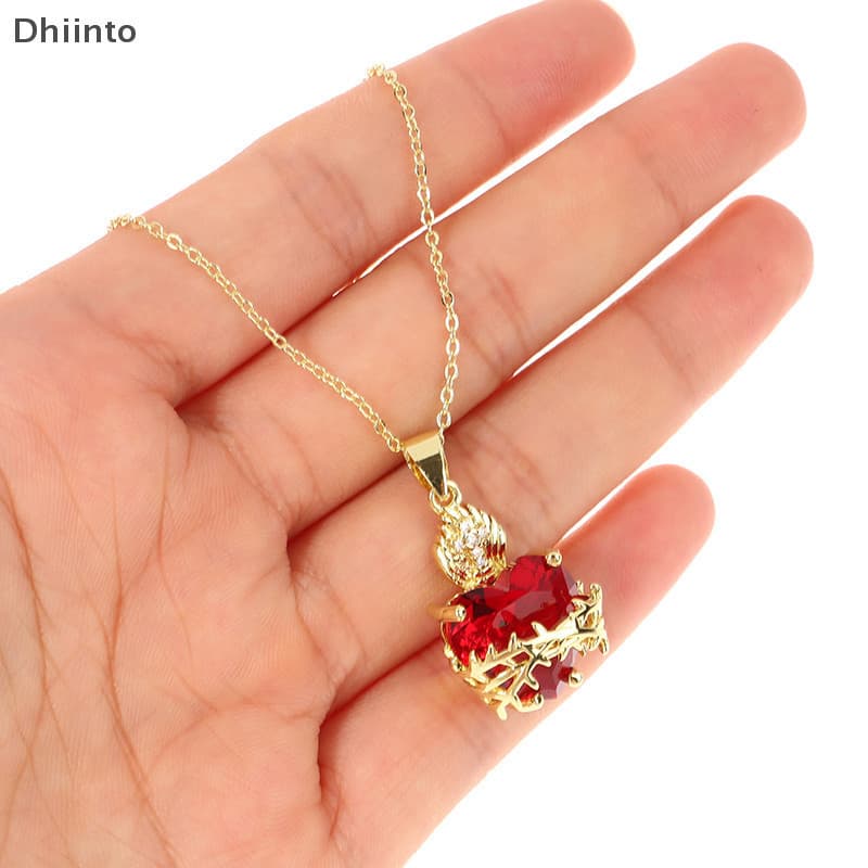 Colar Sagrado de Jesus com Pingente de Coração de Zircônia Vermelha e Cruz, Gargantilha para Mulheres, Joias, Presentes