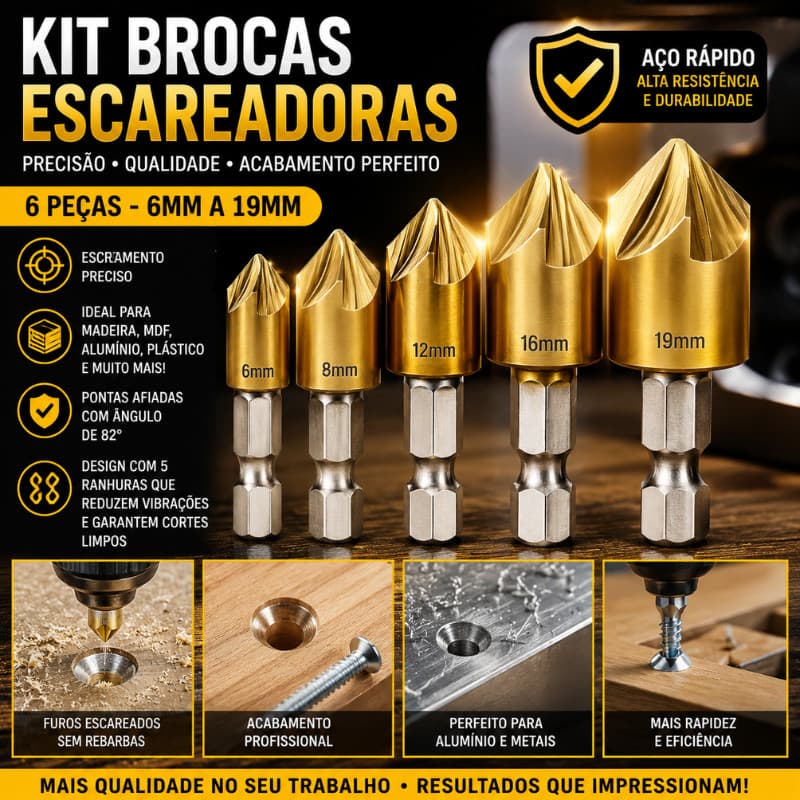 6-19mm Jogo 6 Brocas Escareadoras Chanfrar Madeira Aluminio