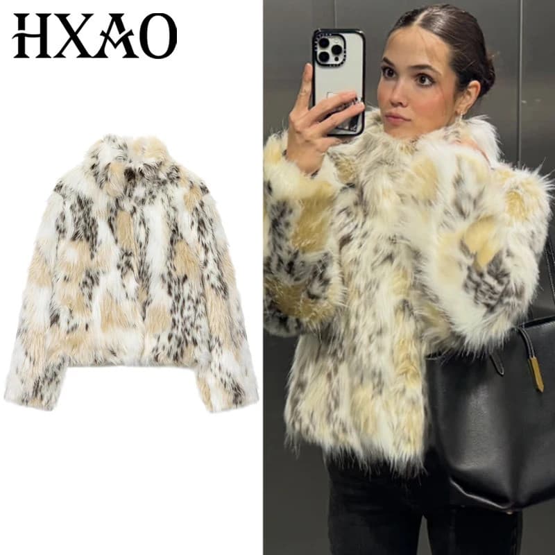 Casaco de Pele Feminino HXAO, Jaqueta Fluffy de Leopardo, Casaco de Pele para Outono e Inverno, Casaco Curto de Pelúcia