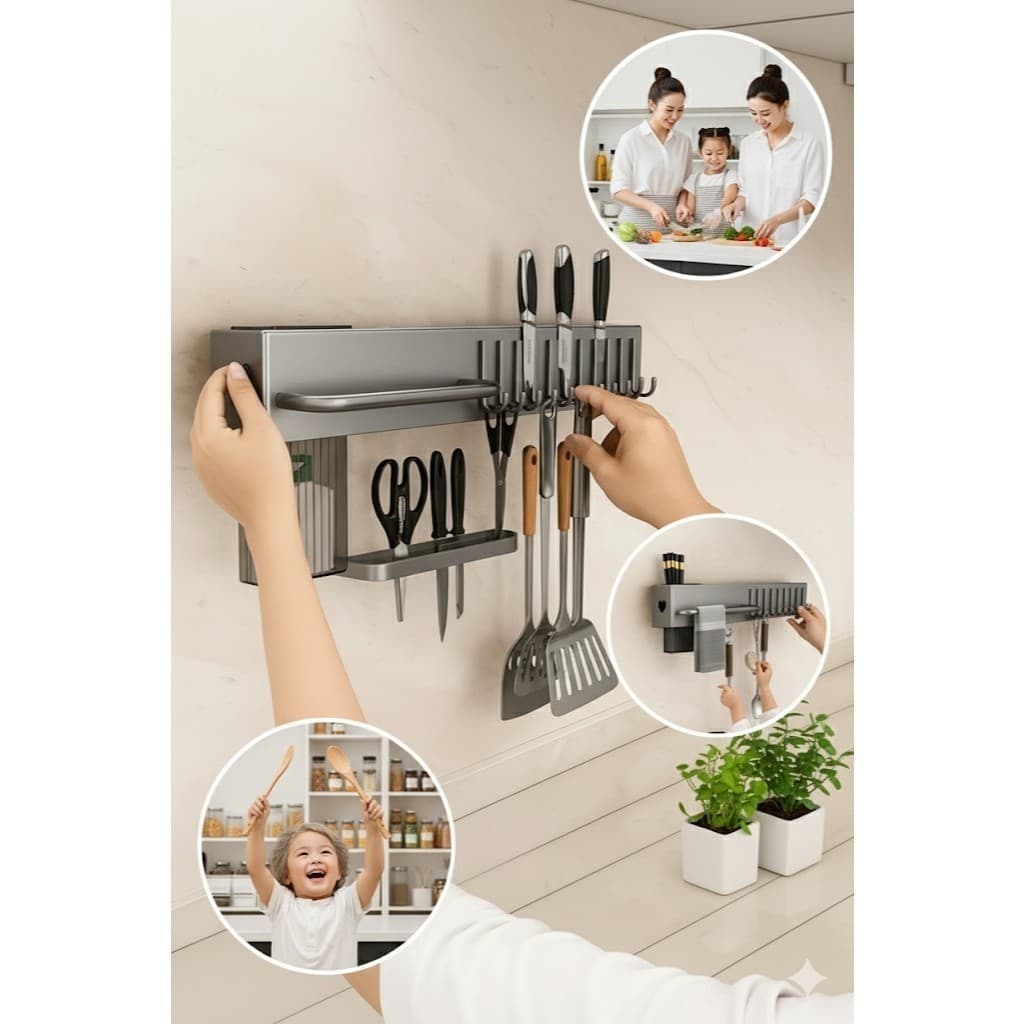 Organizador Utensílios Cozinha Suporte 10 Ganchos Cinza Parede Pendurar Acessórios Otimiza Espaço